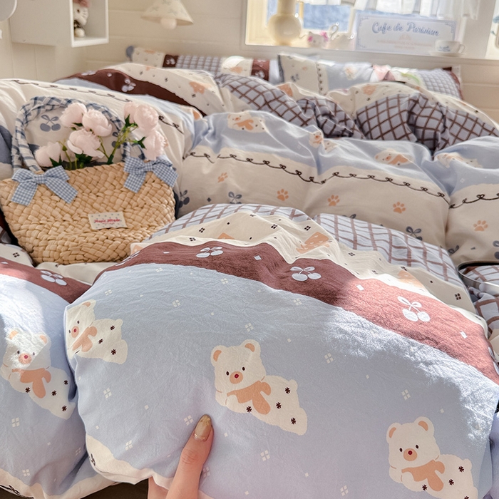 91家纺网 家纺一手货源 找家纺 罗亿家纺 2026年新款泡芙水洗棉双层纱四件套 费尔岛小熊