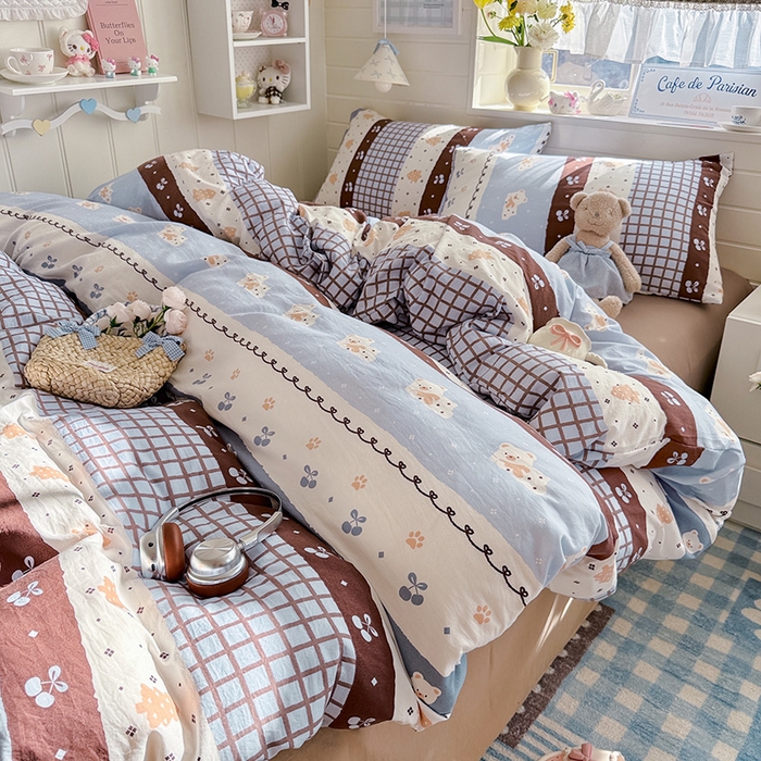 91家纺网 家纺一手货源 找家纺 罗亿家纺 2026年新款泡芙水洗棉双层纱四件套 费尔岛小熊