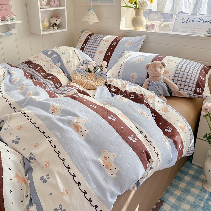 91家纺网 家纺一手货源 找家纺 罗亿家纺 2026年新款泡芙水洗棉双层纱四件套 费尔岛小熊