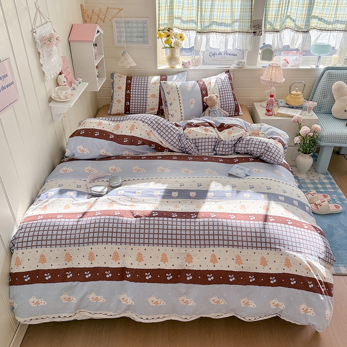 91家纺网 家纺一手货源 找家纺 罗亿家纺 2026年新款泡芙水洗棉双层纱四件套 费尔岛小熊