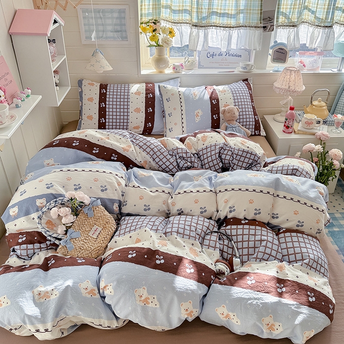 罗亿家纺 2026年新款泡芙水洗棉双层纱四件套 费尔岛小熊