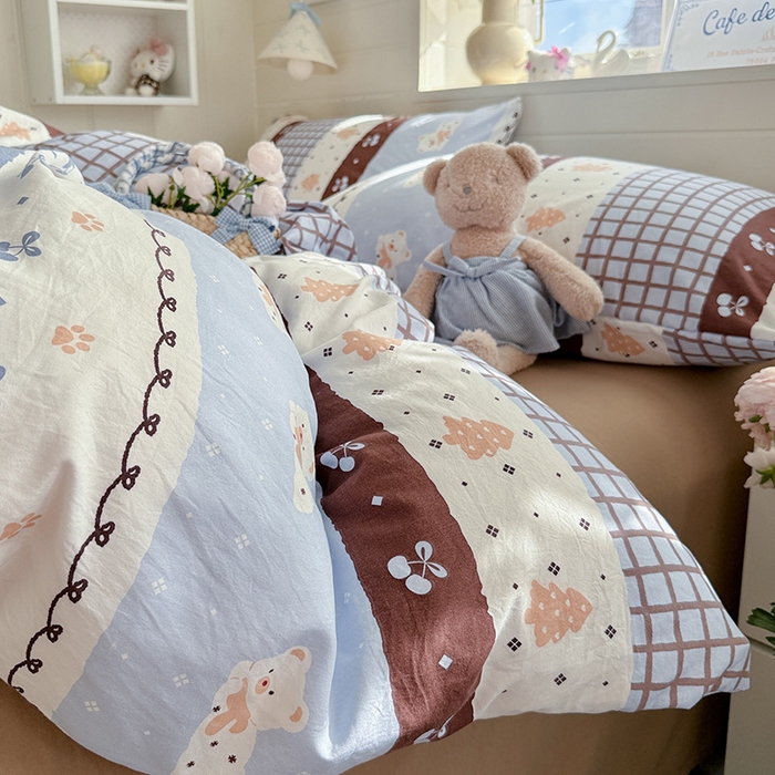 91家纺网 家纺一手货源 找家纺 罗亿家纺 2026年新款泡芙水洗棉双层纱四件套 费尔岛小熊