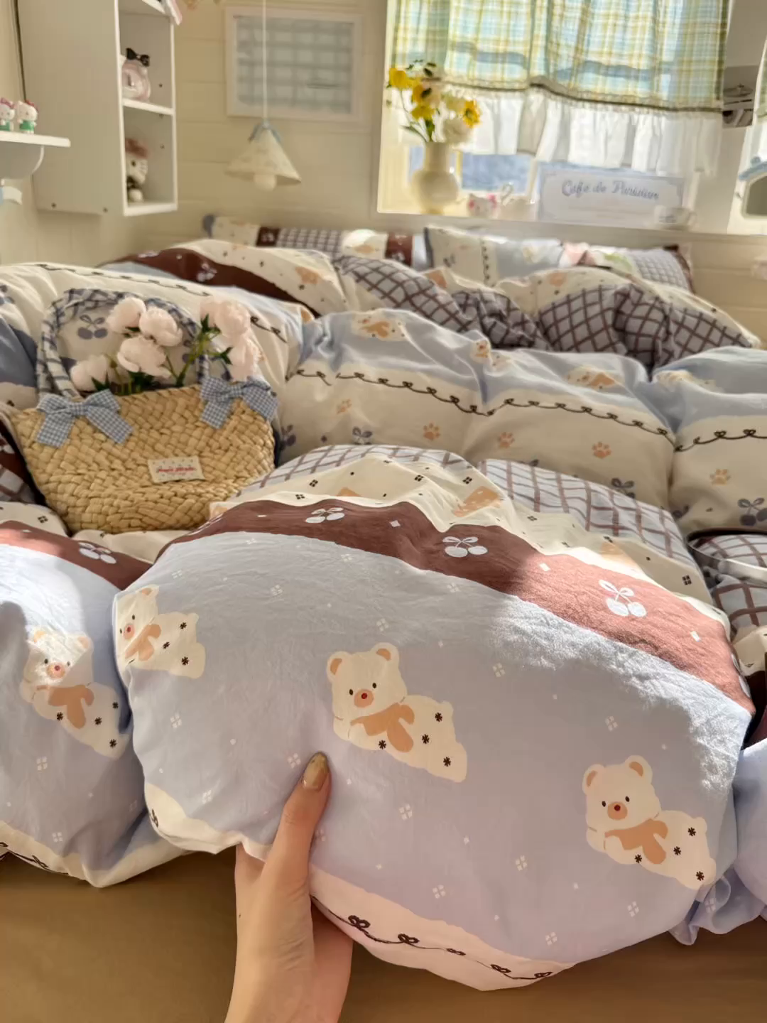91家纺网 家纺一手货源 找家纺 罗亿家纺 2026年新款泡芙水洗棉双层纱四件套 费尔岛小熊