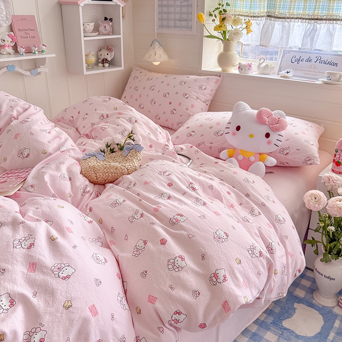 91家纺网 家纺一手货源 找家纺 罗亿家纺 2026年新款泡芙水洗棉双层纱四件套 粉粉kt