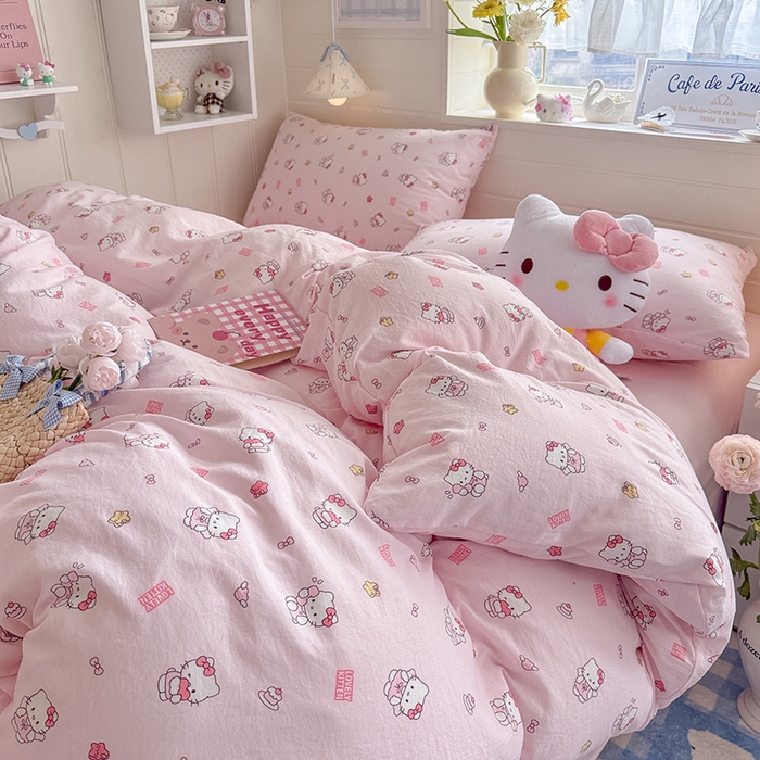 91家纺网 家纺一手货源 找家纺 罗亿家纺 2026年新款泡芙水洗棉双层纱四件套 粉粉kt