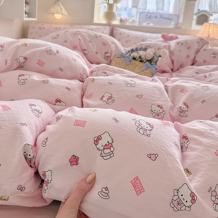 91家纺网 家纺一手货源 找家纺 罗亿家纺 2026年新款泡芙水洗棉双层纱四件套 粉粉kt