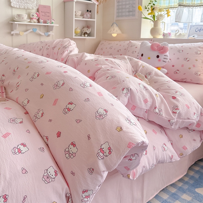 91家纺网 家纺一手货源 找家纺 罗亿家纺 2026年新款泡芙水洗棉双层纱四件套 粉粉kt