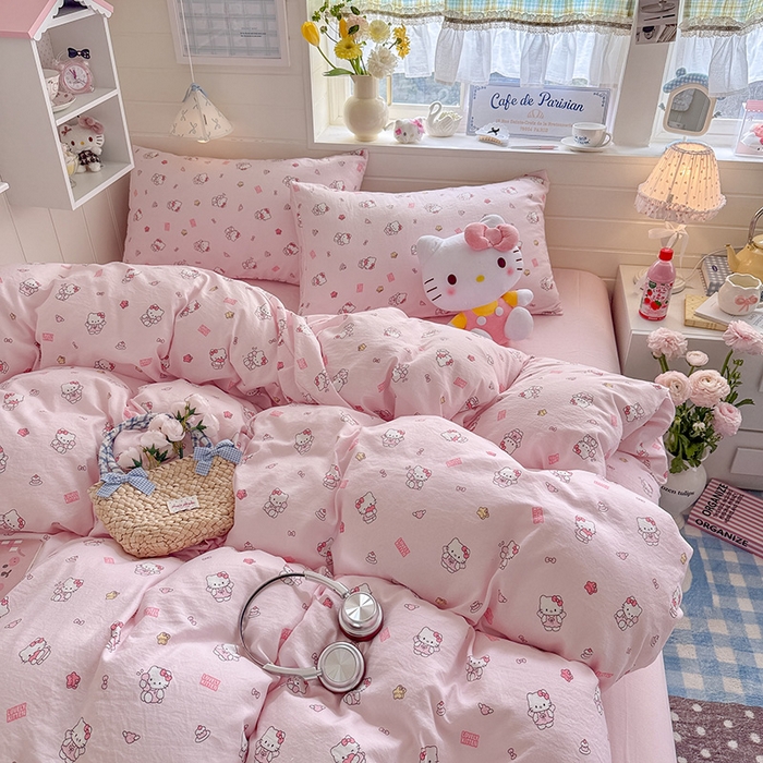 91家纺网 家纺一手货源 找家纺 罗亿家纺 2026年新款泡芙水洗棉双层纱四件套 粉粉kt