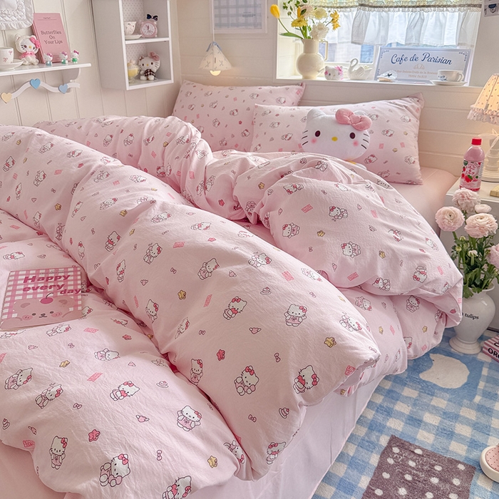 91家纺网 家纺一手货源 找家纺 罗亿家纺 2026年新款泡芙水洗棉双层纱四件套 粉粉kt