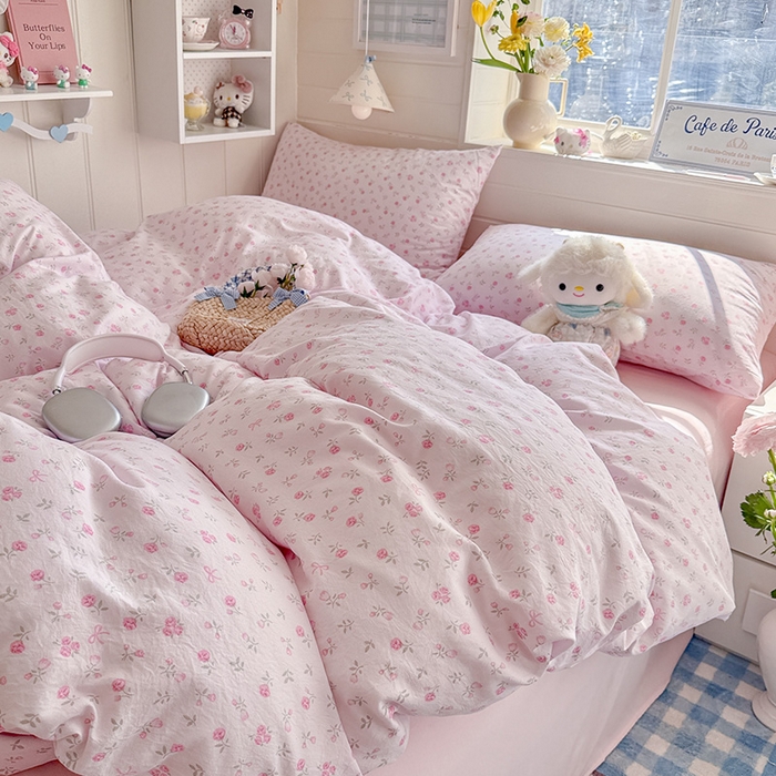 91家纺网 家纺一手货源 找家纺 罗亿家纺 2026年新款泡芙水洗棉双层纱四件套 韩系甜美