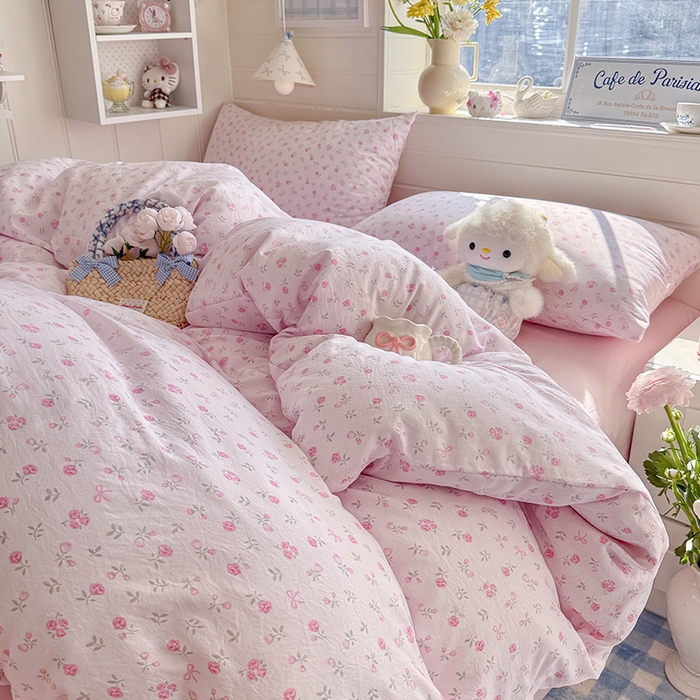 91家纺网 家纺一手货源 找家纺 罗亿家纺 2026年新款泡芙水洗棉双层纱四件套 韩系甜美