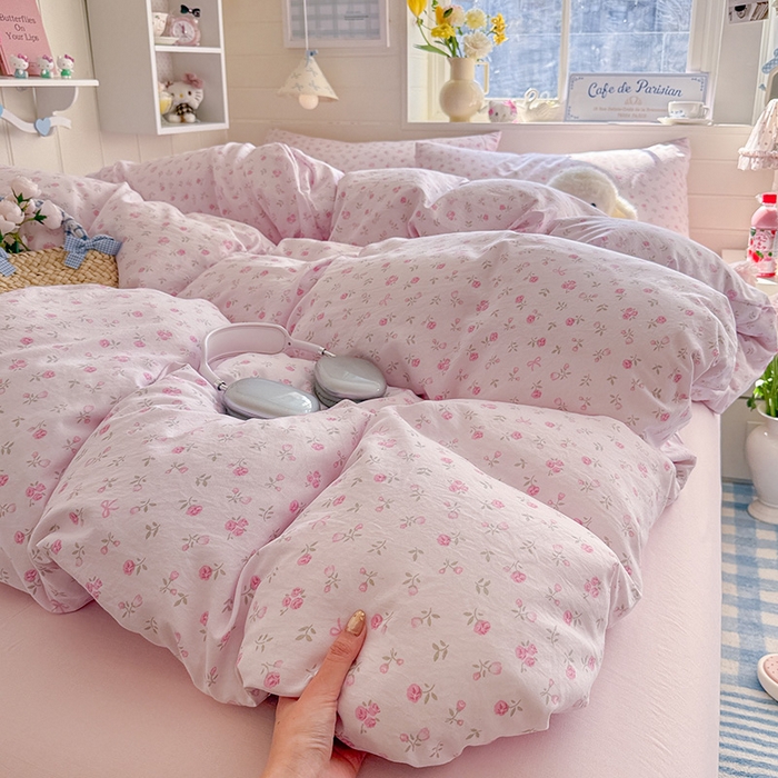 91家纺网 家纺一手货源 找家纺 罗亿家纺 2026年新款泡芙水洗棉双层纱四件套 韩系甜美