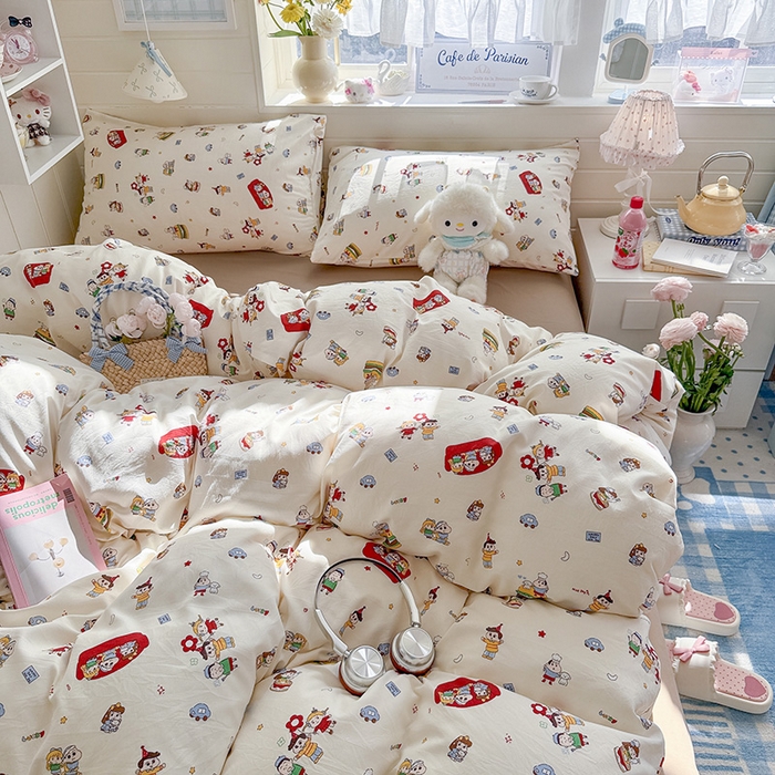 91家纺网 家纺一手货源 找家纺 罗亿家纺 2026年新款泡芙水洗棉双层纱四件套 汉堡小新