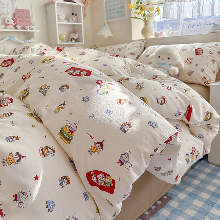 91家纺网 家纺一手货源 找家纺 罗亿家纺 2026年新款泡芙水洗棉双层纱四件套 汉堡小新