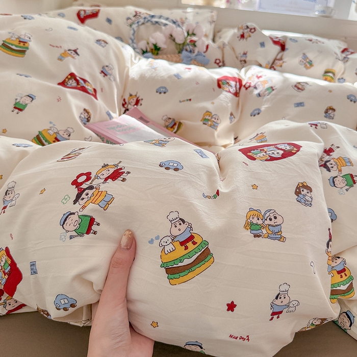 91家纺网 家纺一手货源 找家纺 罗亿家纺 2026年新款泡芙水洗棉双层纱四件套 汉堡小新