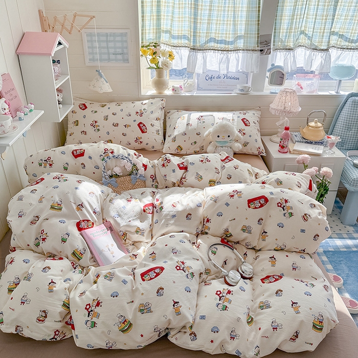 罗亿家纺 2026年新款泡芙水洗棉双层纱四件套 汉堡小新