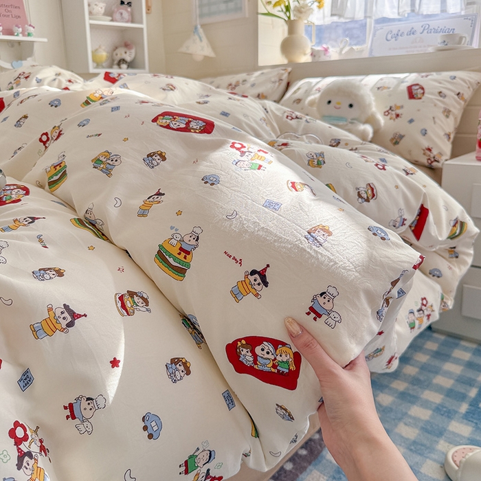 91家纺网 家纺一手货源 找家纺 罗亿家纺 2026年新款泡芙水洗棉双层纱四件套 汉堡小新