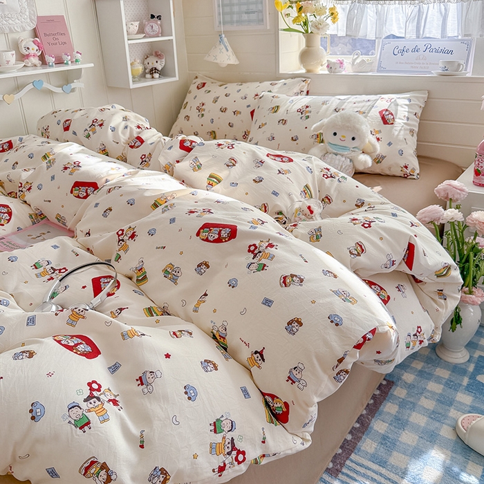 91家纺网 家纺一手货源 找家纺 罗亿家纺 2026年新款泡芙水洗棉双层纱四件套 汉堡小新