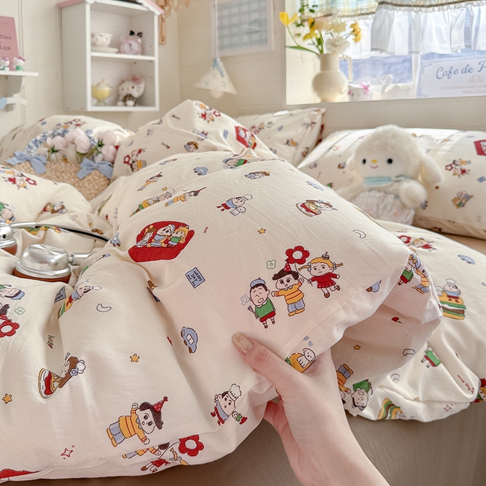 91家纺网 家纺一手货源 找家纺 罗亿家纺 2026年新款泡芙水洗棉双层纱四件套 汉堡小新