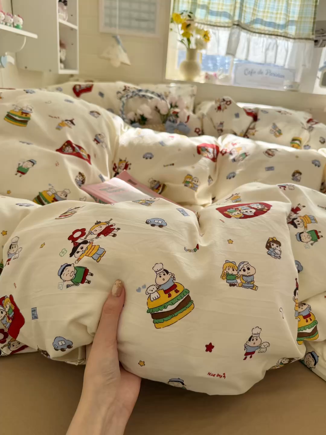 91家纺网 家纺一手货源 找家纺 罗亿家纺 2026年新款泡芙水洗棉双层纱四件套 汉堡小新