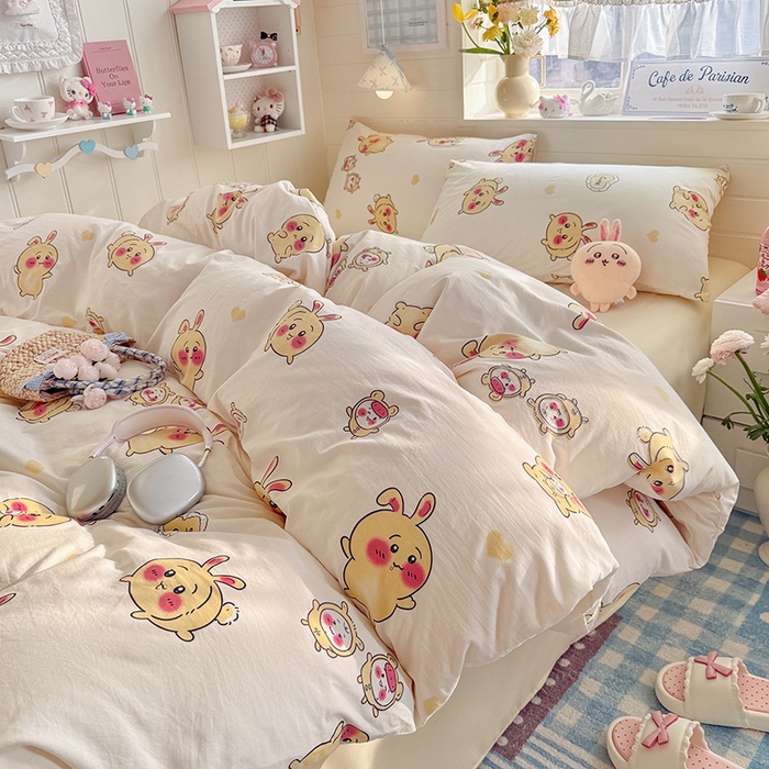 91家纺网 家纺一手货源 找家纺 罗亿家纺 2026年新款泡芙水洗棉双层纱四件套 开心小八