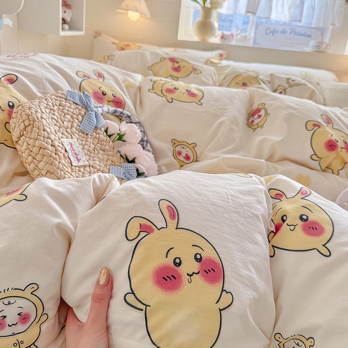 91家纺网 家纺一手货源 找家纺 罗亿家纺 2026年新款泡芙水洗棉双层纱四件套 开心小八