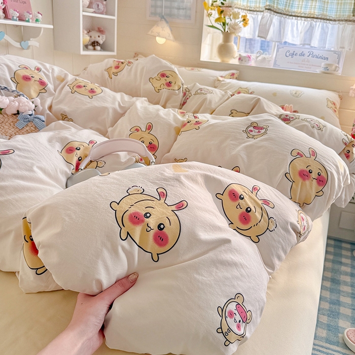 91家纺网 家纺一手货源 找家纺 罗亿家纺 2026年新款泡芙水洗棉双层纱四件套 开心小八