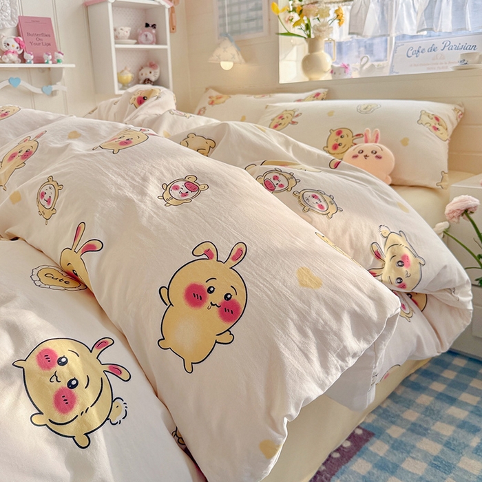 91家纺网 家纺一手货源 找家纺 罗亿家纺 2026年新款泡芙水洗棉双层纱四件套 开心小八