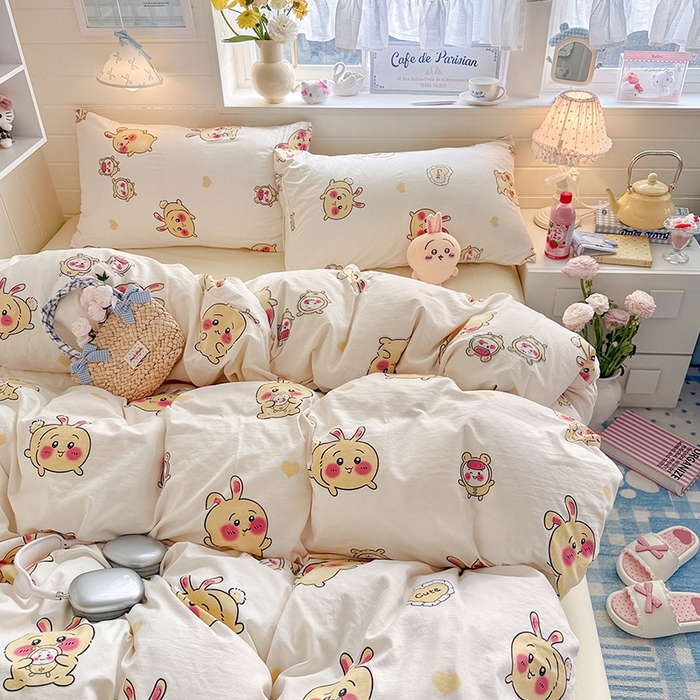 91家纺网 家纺一手货源 找家纺 罗亿家纺 2026年新款泡芙水洗棉双层纱四件套 开心小八