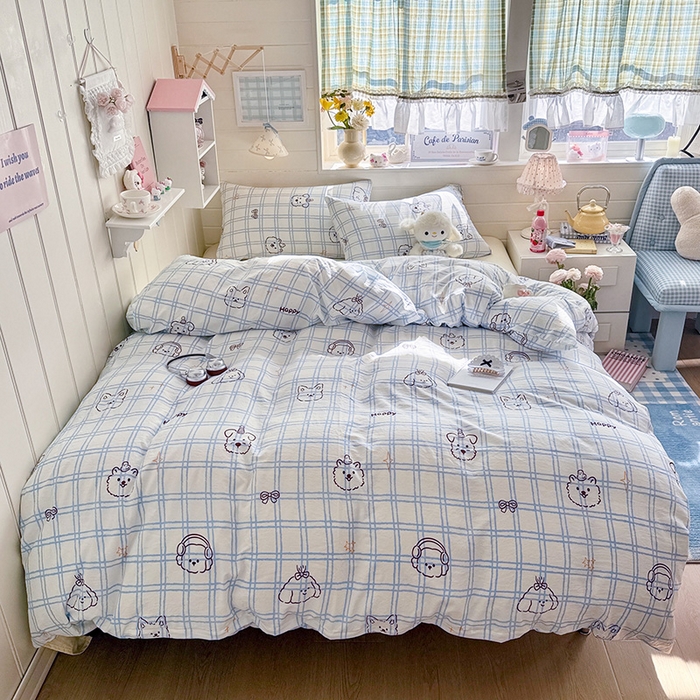 91家纺网 家纺一手货源 找家纺 罗亿家纺 2026年新款泡芙水洗棉双层纱四件套 蓝格小狗