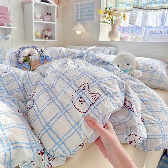 91家纺网 家纺一手货源 找家纺 罗亿家纺 2026年新款泡芙水洗棉双层纱四件套 蓝格小狗