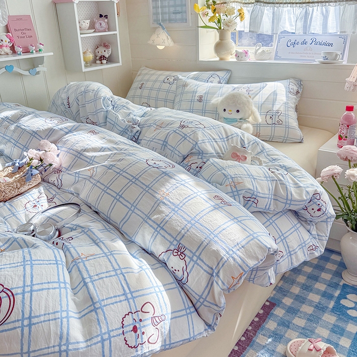 91家纺网 家纺一手货源 找家纺 罗亿家纺 2026年新款泡芙水洗棉双层纱四件套 蓝格小狗