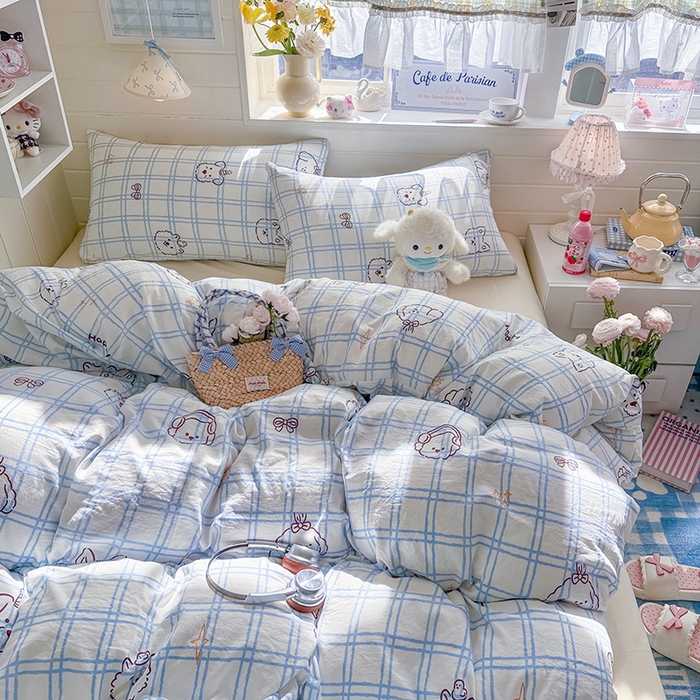 91家纺网 家纺一手货源 找家纺 罗亿家纺 2026年新款泡芙水洗棉双层纱四件套 蓝格小狗