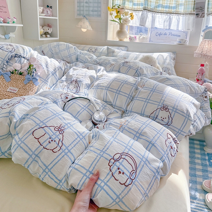 91家纺网 家纺一手货源 找家纺 罗亿家纺 2026年新款泡芙水洗棉双层纱四件套 蓝格小狗