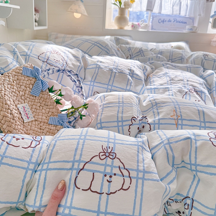 91家纺网 家纺一手货源 找家纺 罗亿家纺 2026年新款泡芙水洗棉双层纱四件套 蓝格小狗