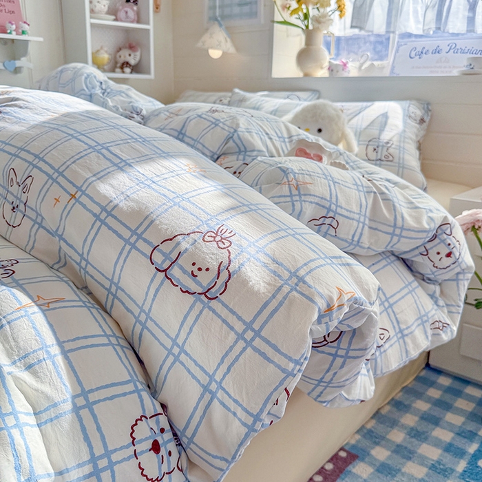 91家纺网 家纺一手货源 找家纺 罗亿家纺 2026年新款泡芙水洗棉双层纱四件套 蓝格小狗