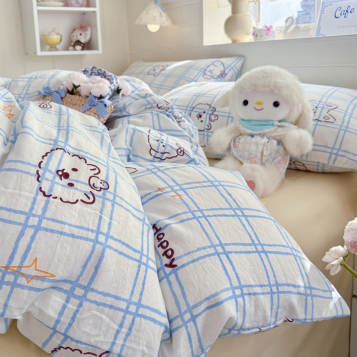 91家纺网 家纺一手货源 找家纺 罗亿家纺 2026年新款泡芙水洗棉双层纱四件套 蓝格小狗