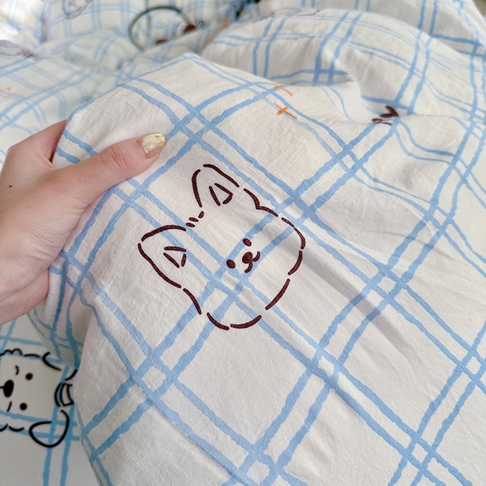 91家纺网 家纺一手货源 找家纺 罗亿家纺 2026年新款泡芙水洗棉双层纱四件套 蓝格小狗