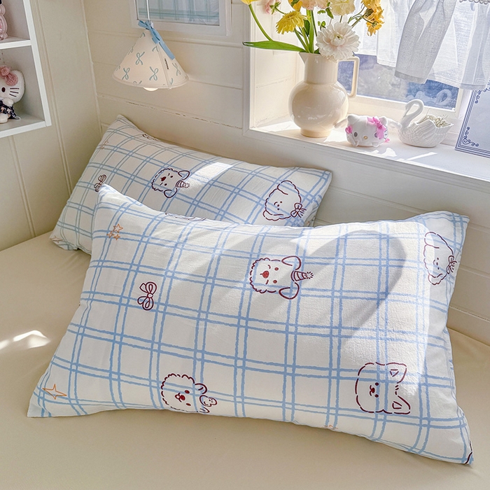 91家纺网 家纺一手货源 找家纺 罗亿家纺 2026年新款泡芙水洗棉双层纱四件套 蓝格小狗