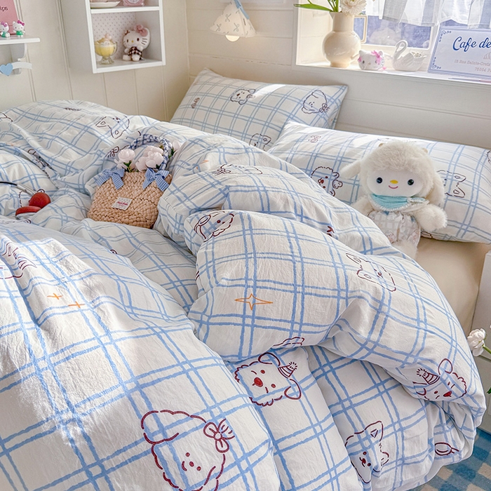 91家纺网 家纺一手货源 找家纺 罗亿家纺 2026年新款泡芙水洗棉双层纱四件套 蓝格小狗