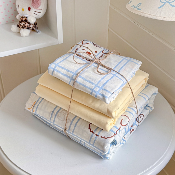 91家纺网 家纺一手货源 找家纺 罗亿家纺 2026年新款泡芙水洗棉双层纱四件套 蓝格小狗