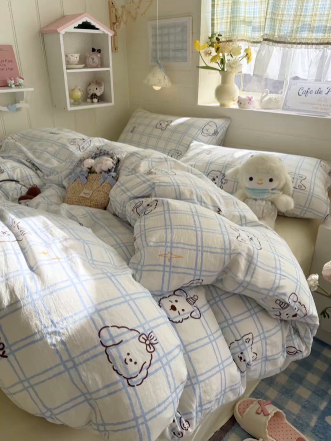 91家纺网 家纺一手货源 找家纺 罗亿家纺 2026年新款泡芙水洗棉双层纱四件套 蓝格小狗