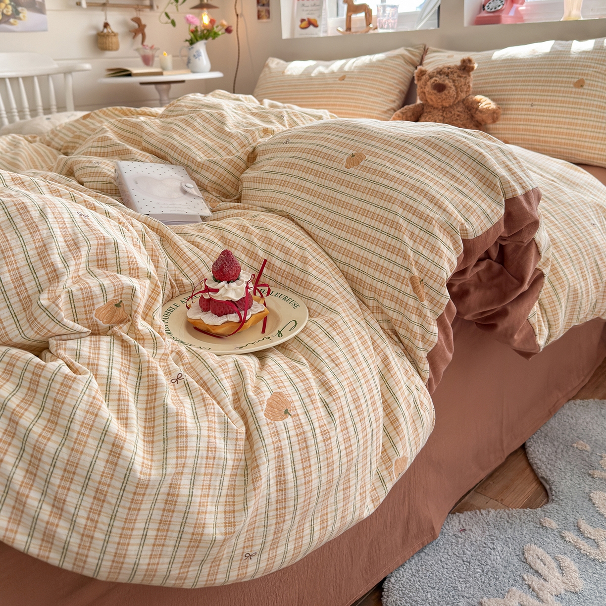 91家纺网 家纺一手货源 找家纺 罗亿家纺 2026年新款泡芙水洗棉双层纱四件套 南瓜日记