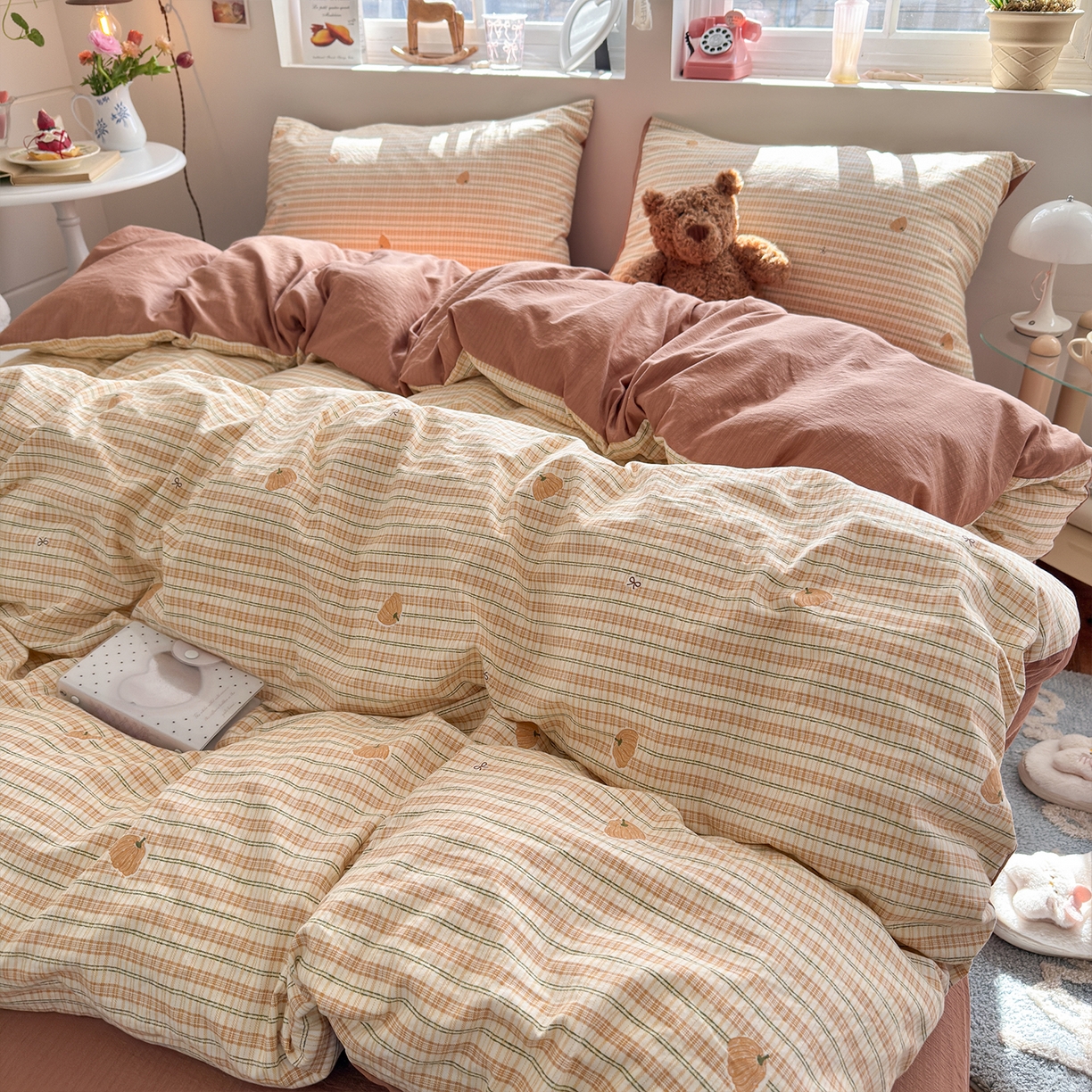 91家纺网 家纺一手货源 找家纺 罗亿家纺 2026年新款泡芙水洗棉双层纱四件套 南瓜日记