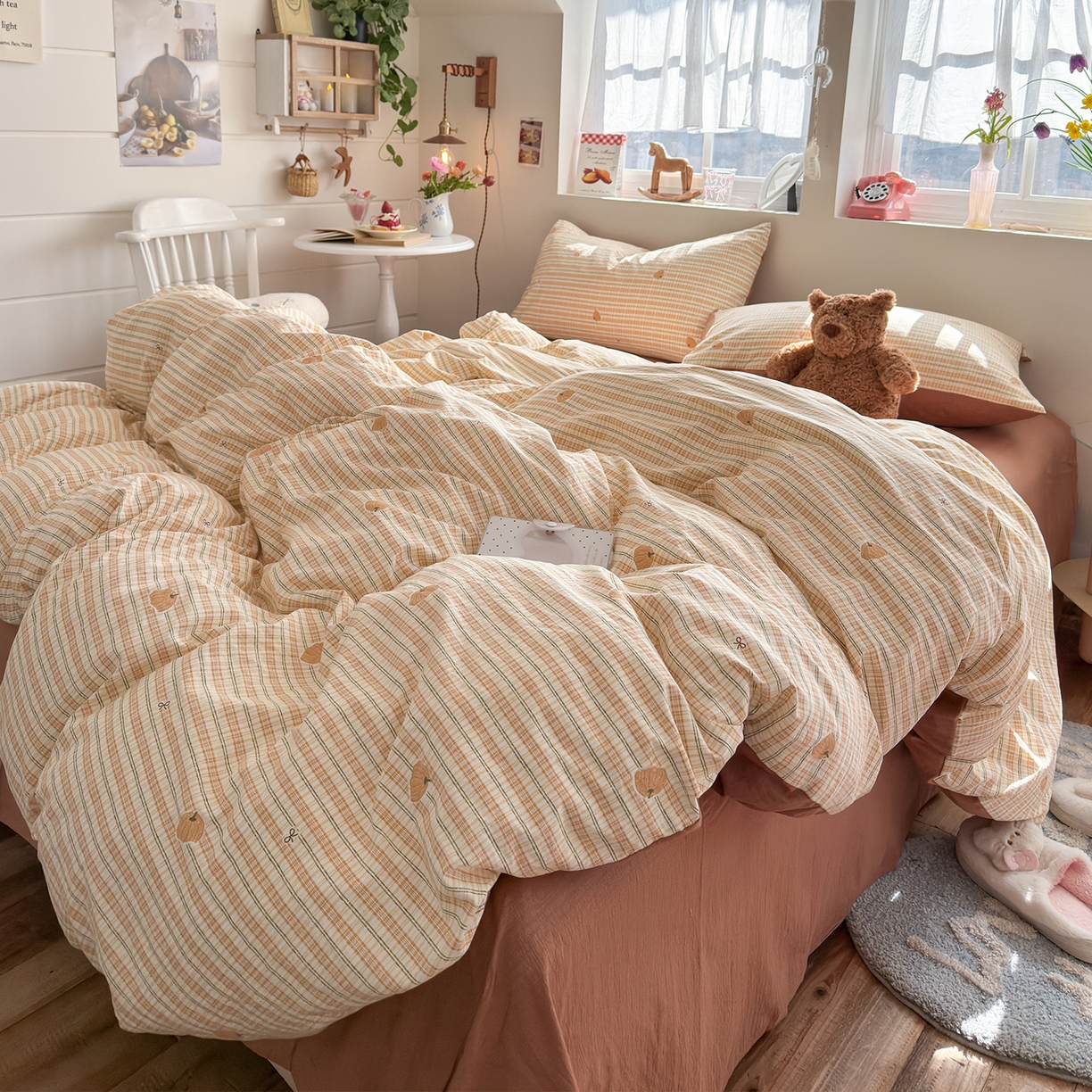 91家纺网 家纺一手货源 找家纺 罗亿家纺 2026年新款泡芙水洗棉双层纱四件套 南瓜日记