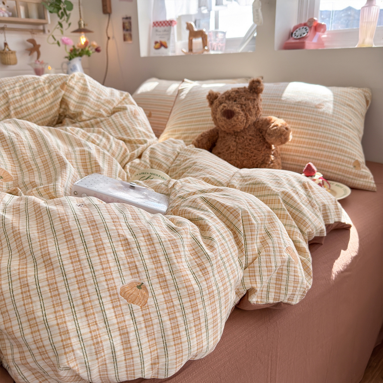 91家纺网 家纺一手货源 找家纺 罗亿家纺 2026年新款泡芙水洗棉双层纱四件套 南瓜日记