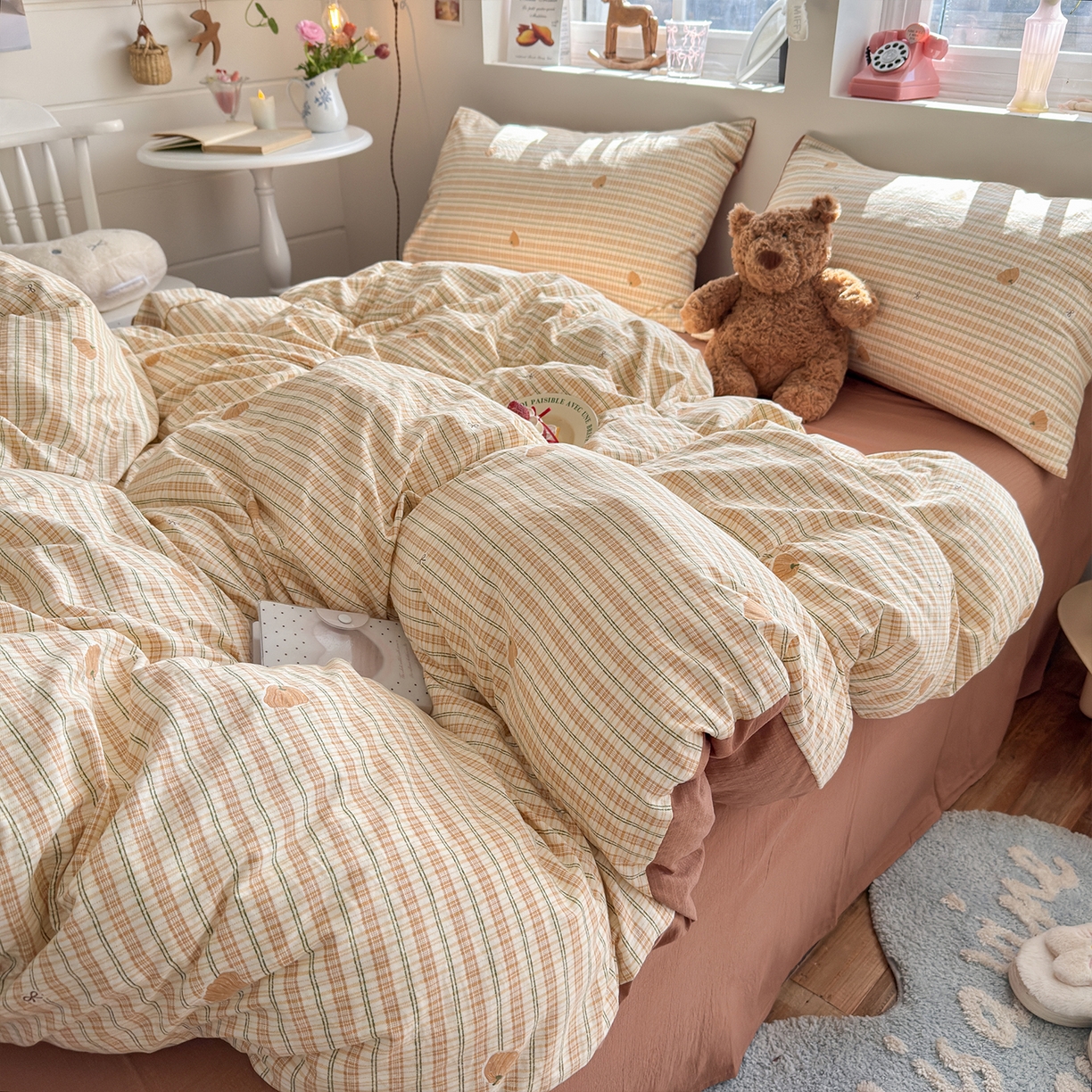 91家纺网 家纺一手货源 找家纺 罗亿家纺 2026年新款泡芙水洗棉双层纱四件套 南瓜日记