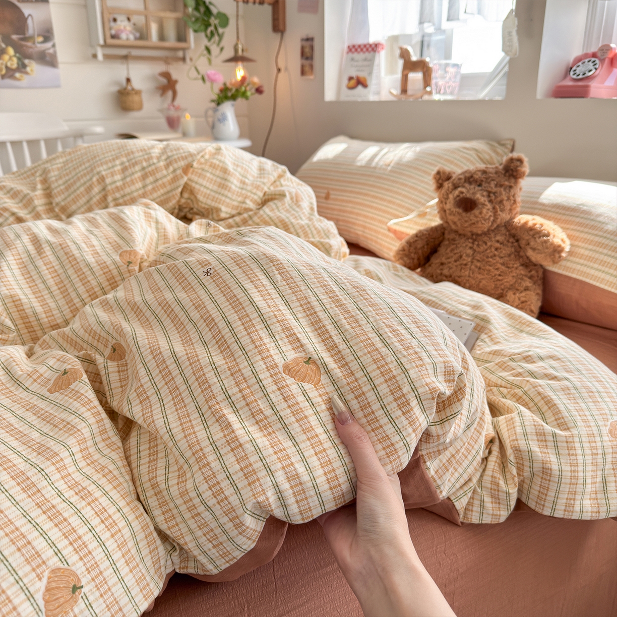 91家纺网 家纺一手货源 找家纺 罗亿家纺 2026年新款泡芙水洗棉双层纱四件套 南瓜日记