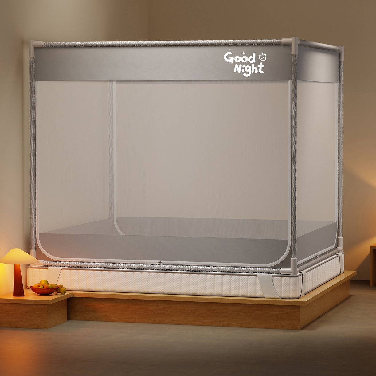 初心家纺 2026新款外穿杆坐床防摔蚊帐-场景一 灰-字母