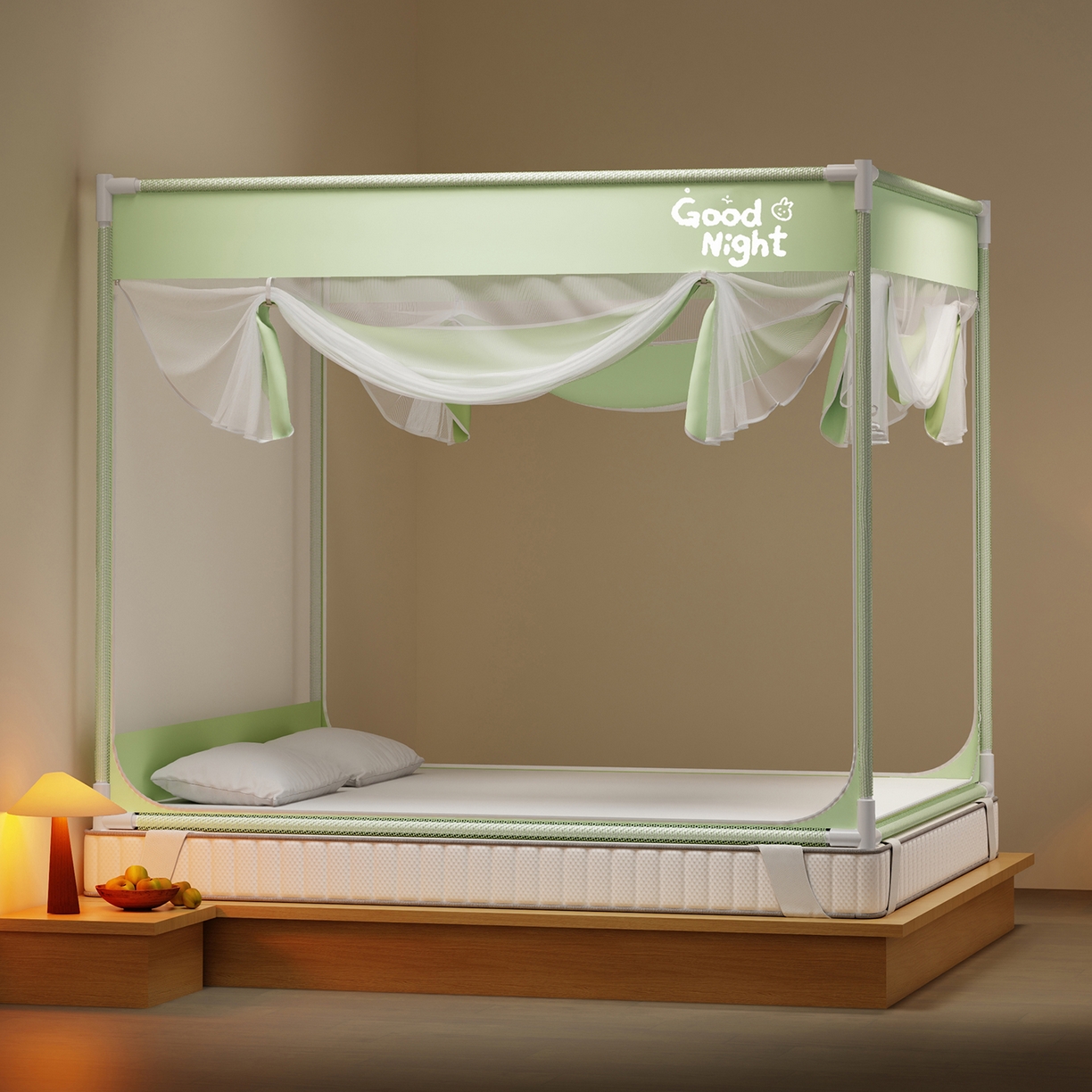 91家纺网 家纺一手货源 找家纺 初心家纺 2026新款外穿杆坐床防摔蚊帐-场景一 绿-字母